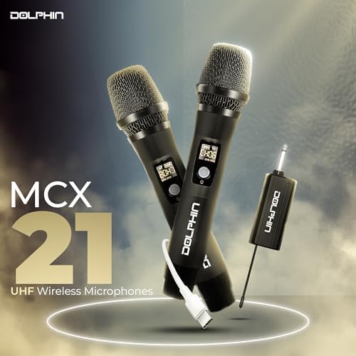 Dolphin MCX21 UHF Wireless Microphone, 2X Rechargeable Karaoke Mic | Full Metal Design, High-Sensitivity Audio, Clear Vocal Pickup, Long Range