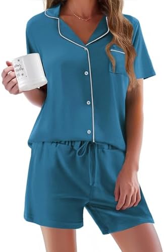 Ekouaer Pajamas Set for Women Short Sleeve Sleepwear Button Down Pj XS-XXXL | Summer 2 Piece Lounge Set, Soft Fabric, Drawstring Waistband, for Bridesmaid Bride Party, Plus Size, Petite, Cute Pattern
