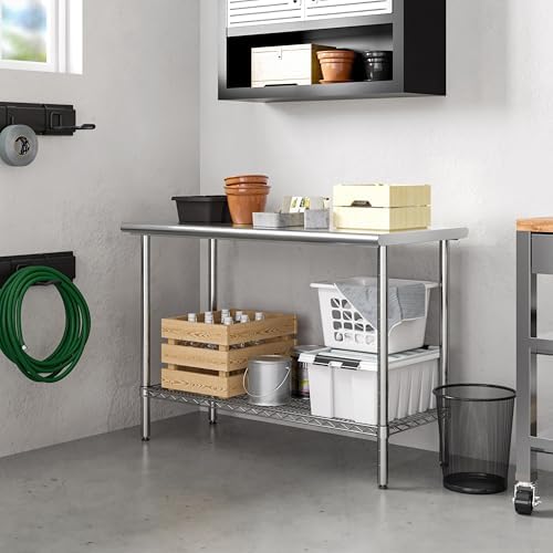 Stainless-Steel Commercial-Grade NSF-Certified Prep Table Cart, 24"W x 20"D | Heavy-duty durable utility workstation supports up to 450 lb w/ adjustable wire shelf and sliding basket on locking wheels