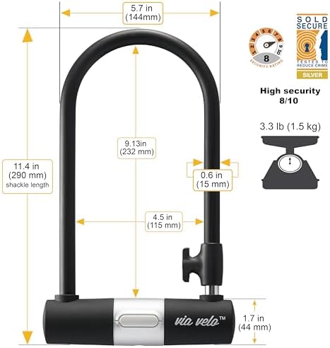 Bike U Lock with Cable - Via Velo Heavy Duty Bicycle U-Lock,14mm Shackle and 10mm x1.8m Cable with Mounting Bracket for Road, Mountain, Electric & Folding Bike