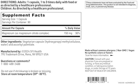 Klaire Labs SFI Health Magnesium Citrate Supplement, 90 Capsules | Supports Healthy Heart, Metabolic Function