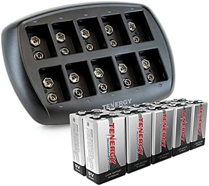 Tenergy 9V Batteries 600mAh 10PCS Li-ion 9 Volt Rechargeable Batteries with 10-Slot Li-ion 9V Battery Charger for Smoke Alarm/Detector
