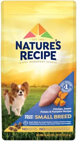 Nature's Recipe Grain Free Small Breed Dry Dog Food, Chicken, Sweet Potato & Pumpkin Recipe, 4 lb. Bag | Chicken, Sweet Potato & Pumpkin Recipe for Small Adult Dogs, Made with No Poultry By-Product Meal or Artificial Preservatives