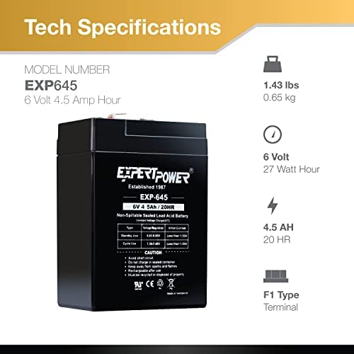 ExpertPower EXP645-6V 4.5Ah / 20HR SLA Rechargeable 6V Battery for Ride on Toys, Emergency Light, Exit Sign Battery Replacement