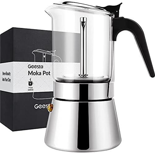 Geesta Premium Crystal Glass-Top Stovetop Espresso Moka Pot - 4/6/ 9 Cups - Stainless Steel Coffee Maker- 160ml/5.6oz/4 cup (espresso cup=40ml)