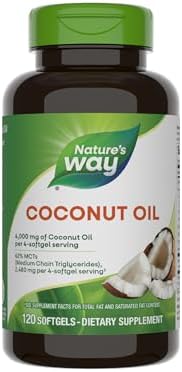 Nature's Way Coconut Oil Softgels, 4, 000 mg Coconut Oil per Serving, 120 ct | 62% MCTs(1), Hexane-Free, Gluten-Free