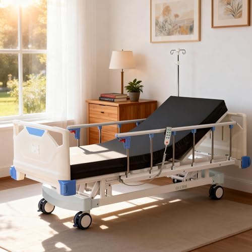 Premium 3 Function Full Electric Hospital Bed,Adjustable Medical Bed | 550LBS,4.7" Waterproof Mattress,Adjustable Height,One-Click CPR,Iv Pole,Germany Moter for Home Use Hospital Nursing Clinic