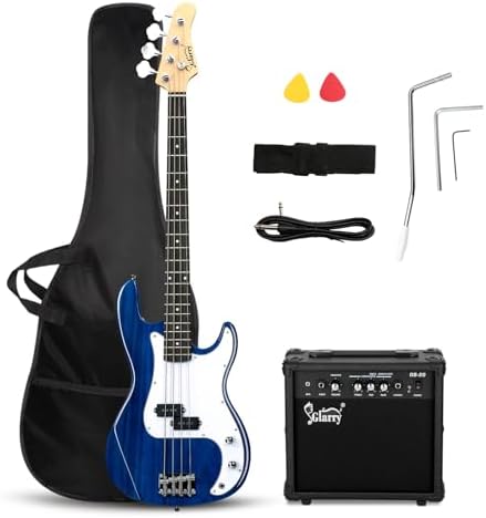 GLARRY Full Size Electric Bass Guitar Beginner Kit 4 String Exquisite Basswood Bass with 20W AMP, Cable, Strap, Bag and Accessories (Transparent Blue, 39"Right Handed)