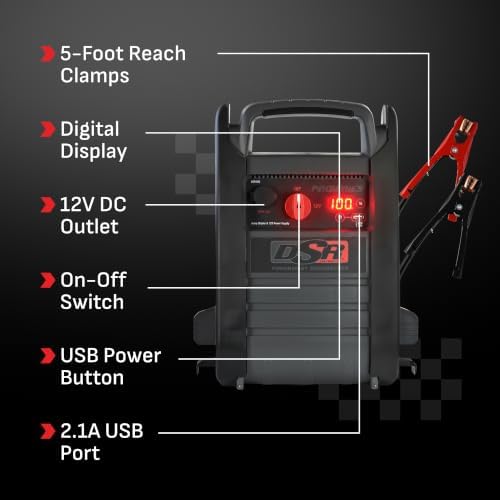 Schumacher Electric DSR ProSeries Car Battery Jump Starter - 2200 Peak Amp 12V Car Starter, Jump Box & Portable Power Station - Digital Display, Heavy-Duty Clamps - DSR165 | DSR Pro-Grade – 2200A – AGM Powered – 12V DC & 2.1A USB Portable Power – Auto, R…