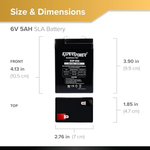 ExpertPower EXP650-6V 5Ah / 20HR SLA Rechargeable 6V Battery for Ride on Toys, Emergency Light, Exit Sign Battery Replacement, Sealed Lead Acid 6 Volt Batteries with F1 Terminals