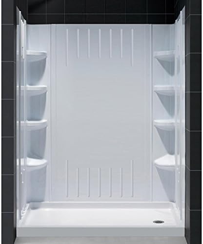 DreamLine 32 in. D x 60 in. W x 75 5/8 in. H Center Drain Acrylic Shower Base and QWALL-3 Backwall Kit In White, DL-6146C-01