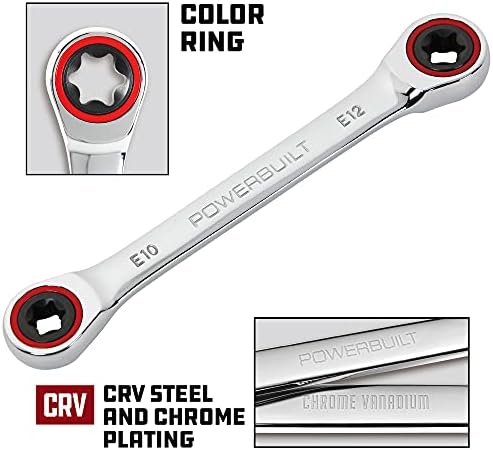 Powerbuilt E10/E12 Ratcheting Double Box-End E-Torx E-Star Wrench, 72-Tooth Ratcheting Wrench with 5-Degree Swing for Tight Spaces - 641760