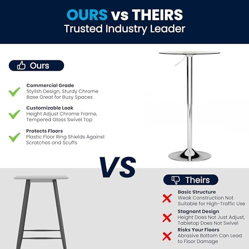 Flash Furniture Chad 23.5'' Round Glass Cocktail Table with Adjustable Height Frame, Bar Height Table for Commercial or Residential Use, Clear/Chrome