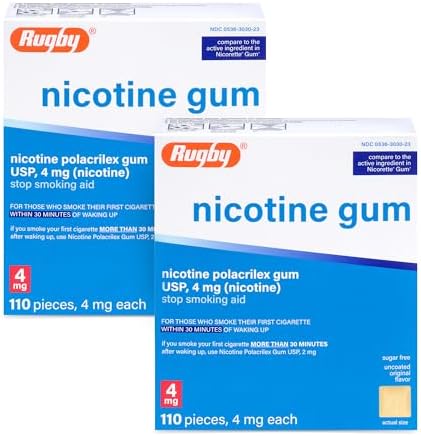 Rugby Polacrilex 4mg Nicotine Gum, Original Flavor, 110 Count (1-Pack) | Sugar-Free Stop Smoking Aid, Helps Reduce Nicotine Cravings and Withdrawal Symptoms, 12-week Schedule