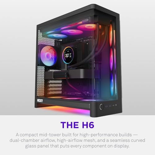 NZXT H6 - Compact Dual-Chamber ATX PC Case - White | Dual-chamber ATX case supporting up to 10 120mm fans and 360mm radiators, with back-connect motherboard compatibility.