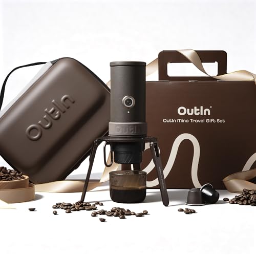 OutIn Mino Portable Electric Espresso Machine Travel Gift Set, 22-Bar Self-Heating Espresso Maker with Foldable Coffee Stand, EVA Plus Carrying Case