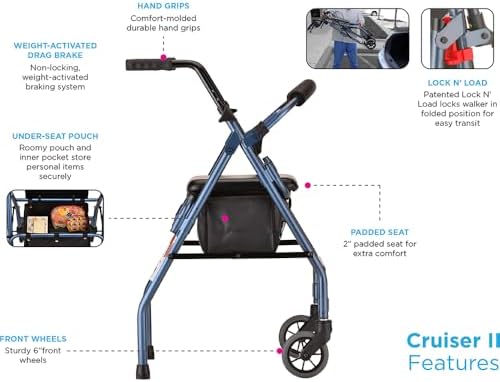 NOVA Cruiser 2 Lightweight Rollator Walker for Beginning Gait Training, 11 lb Foldable Rolling Walker with Seat, Stable Support for Early Mobility