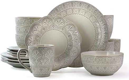 Elama White Lace 16 Piece Round Scallop Stoneware Dinnerware Set in White