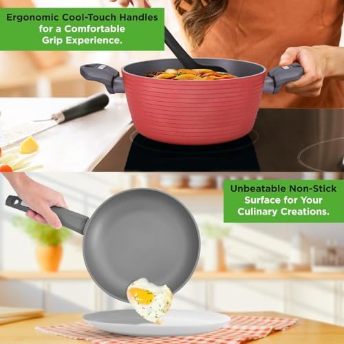 NutriChef Professional 12-Piece Nonstick Cookware - PFOA/PFOS-Free, Heat Resistant Lacquer, Elegant Design, Multi-Sized Pots and Pans, Teal/Gray/Green