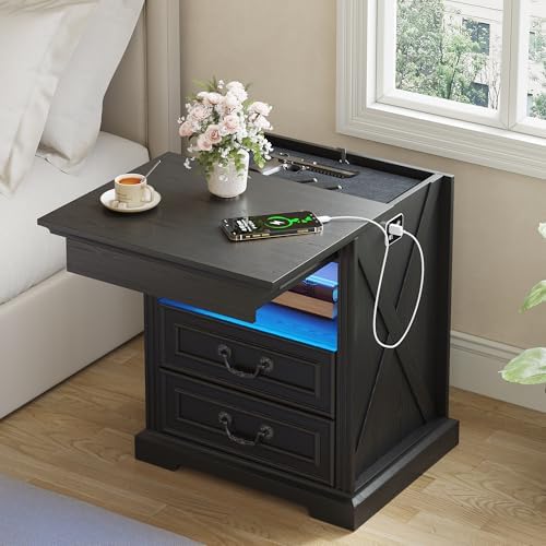 Dystler Nightstand with Hidden Gun Safe Drawer, Charging Station & LED Lights