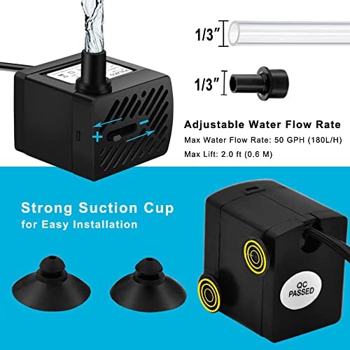 50GPH 3W Mini Submersible Water Pump with 3.3 FT Tubing for Aquariums, Fish Tank, Pond, Fountain, Hydroponics