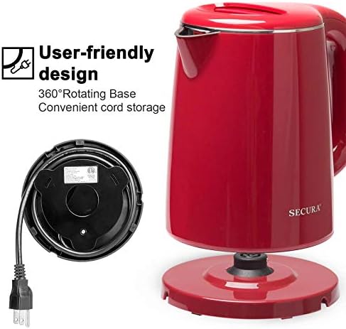 Secura Stainless Steel Double Wall Electric Kettle Water Heater for Tea Coffee w/Auto Shut-Off and Boil-Dry Protection, 1.0L (Orange) SWK-1001DO/HB-K012