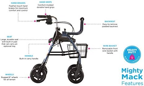 NOVA Mighty Mack Heavy Duty Bariatric Rollator Walker, Rolling Walker with 500 lb. Capacity, Locking Hand Brakes, Padded Seat & Front Basket