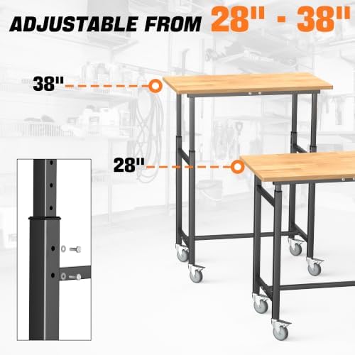 TORACK Adjustable Workbench with Rubberwood Top, Rolling 32x18 in Worktable | Height adjustable 28"–38", heavy-duty garage workbench with Wheels, up to 1000 lbs
