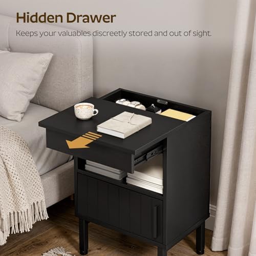 Small Nightstand with Gun Drawer, Bedside Table with Hidden Compartment, End Table with Storage, Night Stand for Bedroom, Office, Black ET22BB