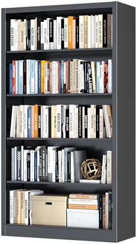 Bookcase,5 Tier White Bookshelves,66" Tall Free Standing Metal Bookcase with Adjustable Storage Shelves, Industrial Wide Bookshelf for Bedroom Living Room Home Office School