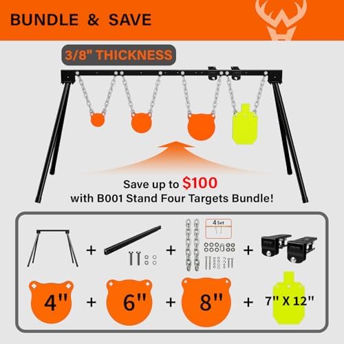 Highwild Expandable AR500 Steel Targets System 3/8" Thick Complete Shooting Targets with Stand, 4", 6", 8" Gongs + 7" x 12" Torso with 1 Stand