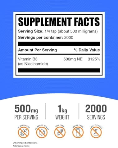BulkSupplements.com Niacinamide Powder - Vitamin B3 Powder, Niacinamide Supplement, Niacinamide 500mg - B3 Vitamins for Skin, Gluten Free, 500mg per Serving, 1kg (2.2 lbs) (Pack of 1)