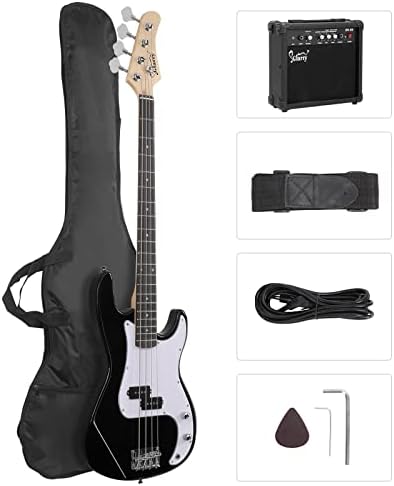 GLARRY Full Size Electric Bass Guitar Beginner Kit 4 String Exquisite Basswood Bass with 20W AMP, Cable, Strap, Bag and Accessories (Transparent Blue, 39"Right Handed)