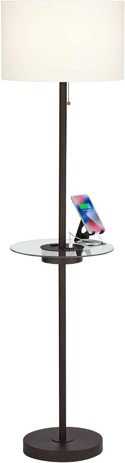 360 Lighting Caper 60 1/2" Tall Nickel Tray Table USB and Outlet Floor Lamp | Modern with AC Power on Glass 5 Satin White Fabric Drum Shade for Living Room Reading House Bedroom