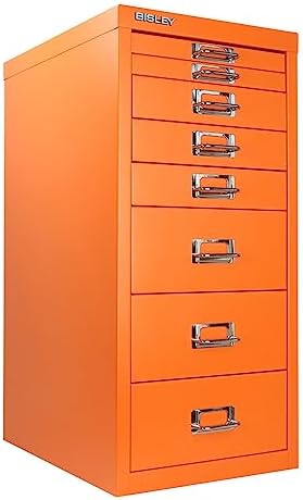 5-Drawer Steel MultiDrawer Cabinet - Orange, by Bisley | Chrome Pull Handles with Label Holders, Powder-Coated Steel, Removable Drawers, Desktop Storage, Labels Included