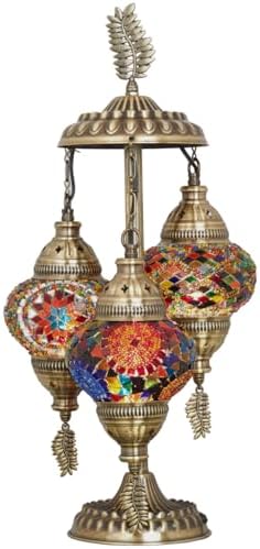 DEMMEX 3-Globe Turkish Moroccan Table Lamp, Tiffany Mosaic Glass Bedside Night Light, Handmade Colorful Mosaic Glass Globes & Antique Brass Finish Base, 21" H, Multicolor