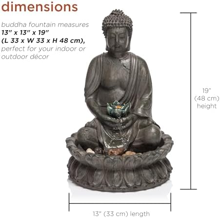 Alpine Corporation GEM178 Indoor Tabletop Meditating Buddha Water Fountain with LED Lights and Lotus Flower, 19", Beige