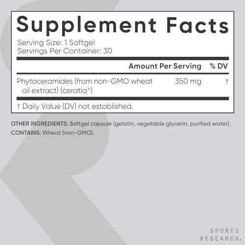 Sports Research® Phytoceramides 350mg w/Ceratiq®, 30 Softgels | Plant-Derived Ceramides for Beauty from Within Skin Hydration | Made with Certiq® | Non-GMO, Soy-Free - 30 Servings