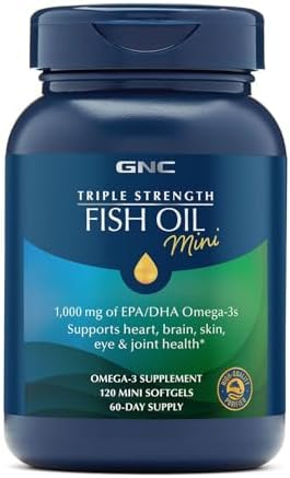 GNC Triple Strength Fish Oil Mini, 1000mg EPA & DHA, 120 Mini Softgels | Provides 1000mg EPA and DHA per Serving to Support Heart, Brain, Skin, Eye, Joint Health, and a Balanced Mood