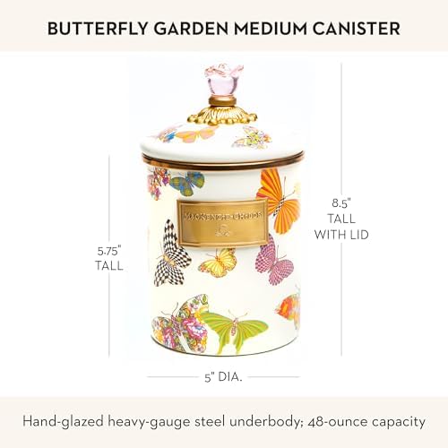 MACKENZIE-CHILDS Enamel Canister, Medium, White Butterfly Garden | Hand-applied design, made from enameled steel, versatile kitchen storage container for flour and sugar, 48-ounce capacity