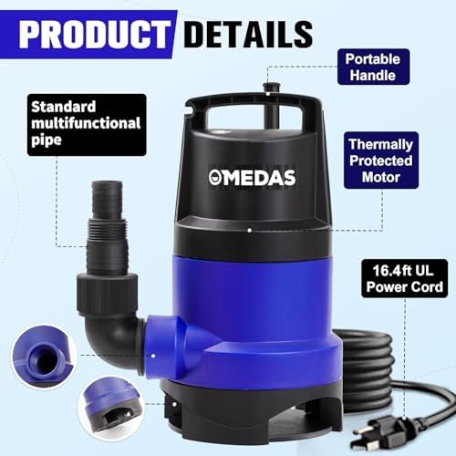 MEDAS 1HP 3434 GPH Sump Pump Submersible Clean/Dirty Water Pump Portable Utility Pump with 16.4ft Cord for Swimming Pool Garden Basement Tub Pond