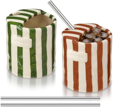 2 Pack Ceramic Coffee Mug with Sip Hole Espresso Cup 10oz with Straws Retro Hand Painted Striped Ceramic Iced Coffee Tea Travel Mug Latte Cup for