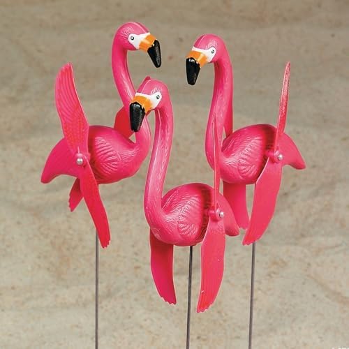 Fun Express Mini Pink Flamingos Yard Ornaments Set of 6 - Wind Spinners Outdoor with Twirling Wings | Flamingo Decor Gifts for Women | Tropical Luau