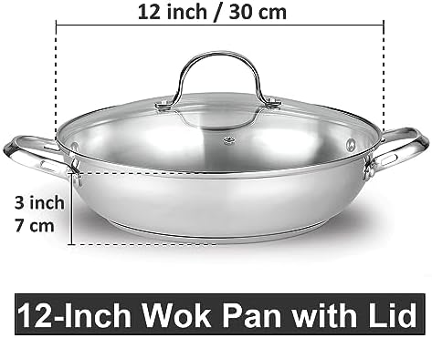 Cooks Standard Classic 12-Inch Stainless Steel Wok Stir Fry Pan with Glass Lid, 30cm Everyday Chef's Pan with Two Side Handles, Induction Compatible Cookware, Dishwasher & Oven Safe
