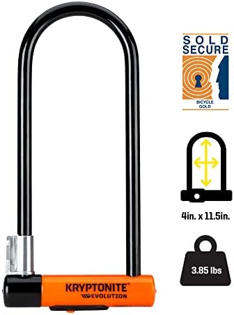 Kryptonite Evolution Long Shackle Bike U-Lock, 14mm Steel Bicycle Lock | Heavy duty anti-theft security for bikes and scooters. 4in x 11.5in interior. Includes FlexFrame-U mounting bracket and keys.
