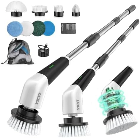 YKYI Electric Spin Scrubber, Cordless Power Cleaning Brush with Long Handle | 8 Brush Heads, 3 Handle Lengths, 2 Speeds, IPX7 Waterproof