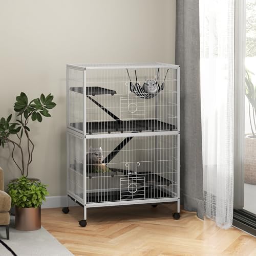 PawHut Metal Small Animal Cage, 4-Tiers Rolling Big Ferret Cage, Gray