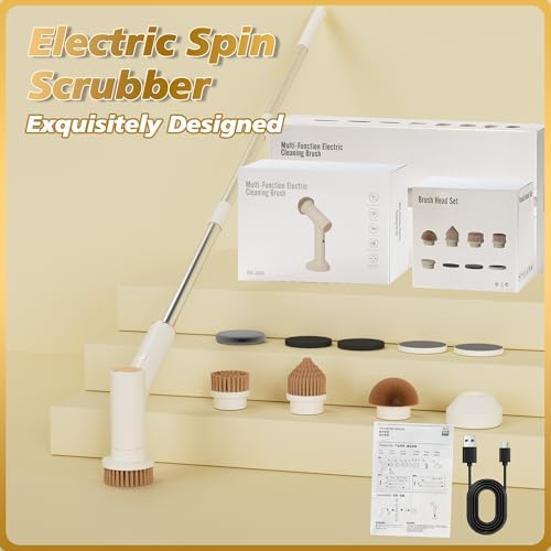 Electric Spin Scrubber, 2600mAh Battery with Extra-Long Runtime, 10 Brush Heads, IPX7 Waterproof Power Shower Scrubber with Long Handle