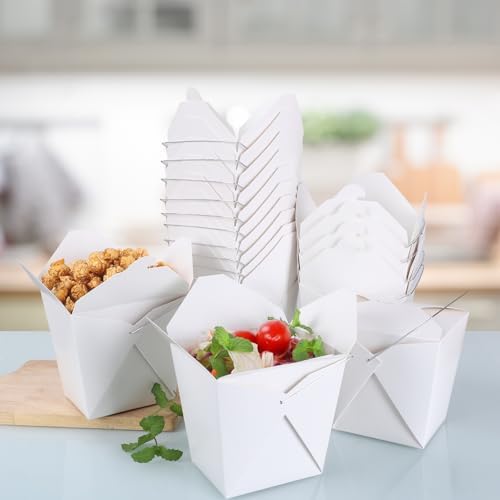 zmybcpack 50 Pack 32oz Chinese Take Out Food Boxes with Metal Wire Handle & Labels