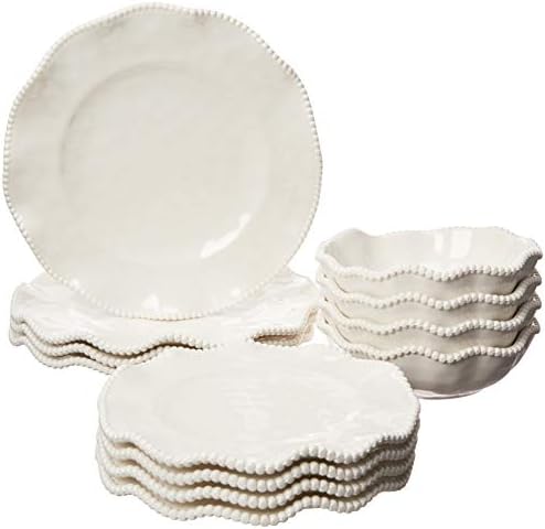 Perlette Off-White Beaded 12-Piece Dinnerware Set – Includes 4 Dinner Plates, 4 Salad Plates, 4 Bowls (7.5" x 2"